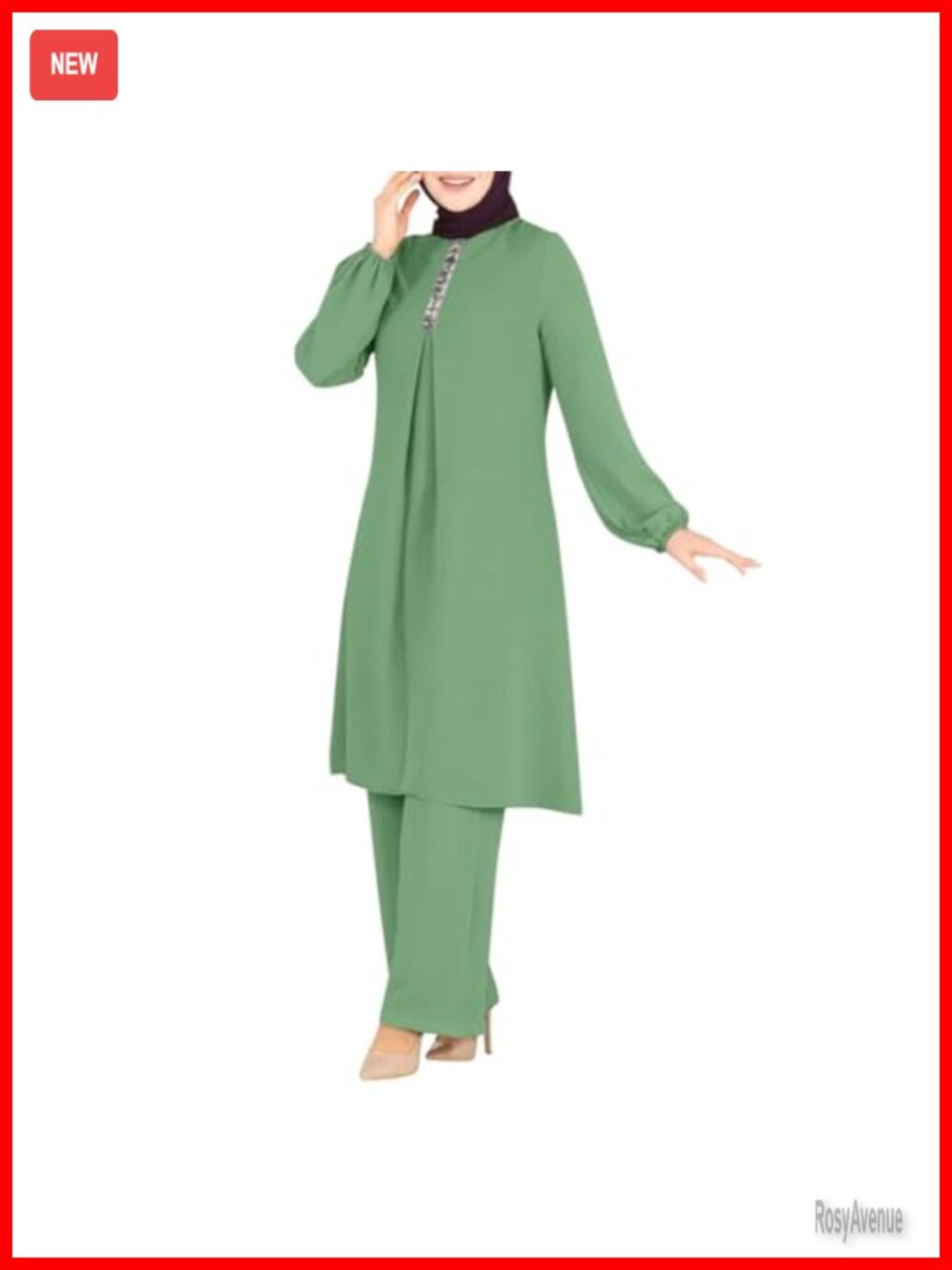 Women's Muslim 2-Piece Abaya Set Long Sleeve Sequin Top & Wide Leg Pants Modest